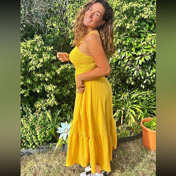 Shirred Cami Yellow Flared Maxi Long Dress Asymmetrical Hem - Picture 13 of 14